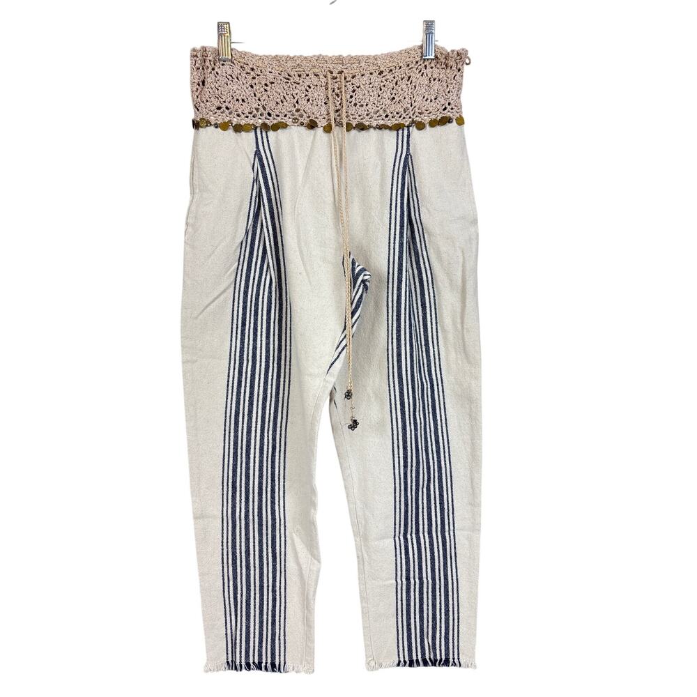 Free People Womens M cream blue In Dreams Embellished Harem Pants Stripe Crochet